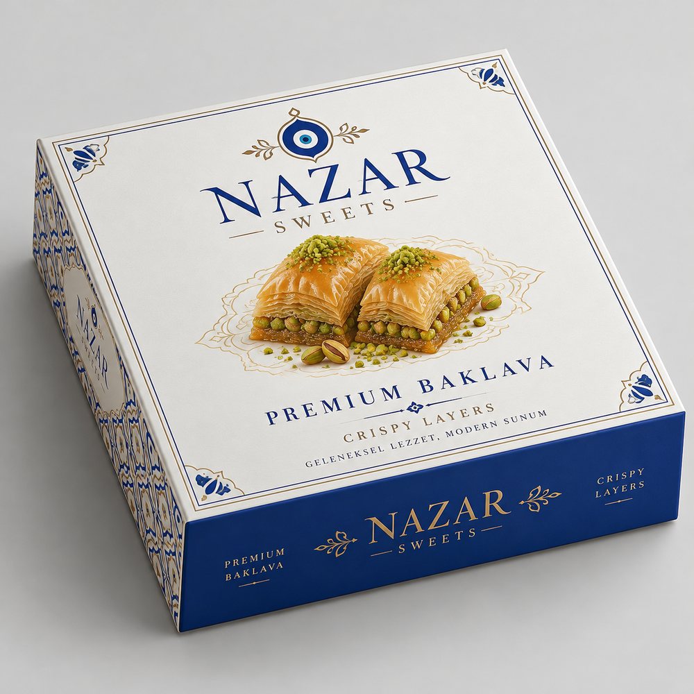 Beyaz ve mavi renkli, logolu baskılı baklava kutusu örneği