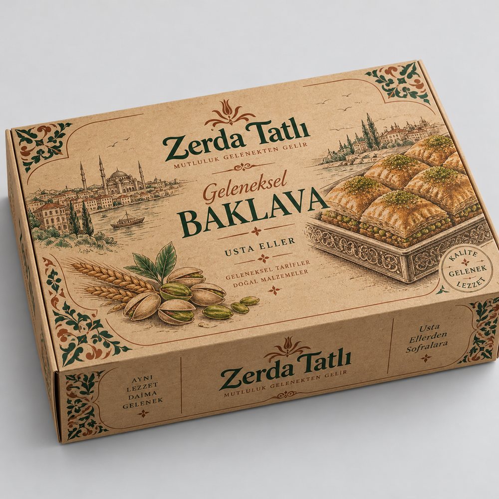 Kraft kağıt üzerine illüstrasyon baskılı geleneksel baklava kutusu