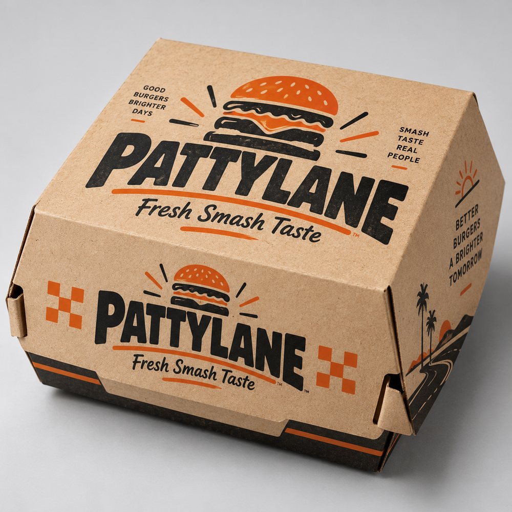 Kraft kağıt üzerine turuncu siyah logo baskılı hamburger kutusu