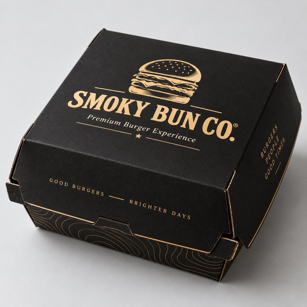Siyah üzerine altın varaklı logo baskılı premium hamburger kutusu