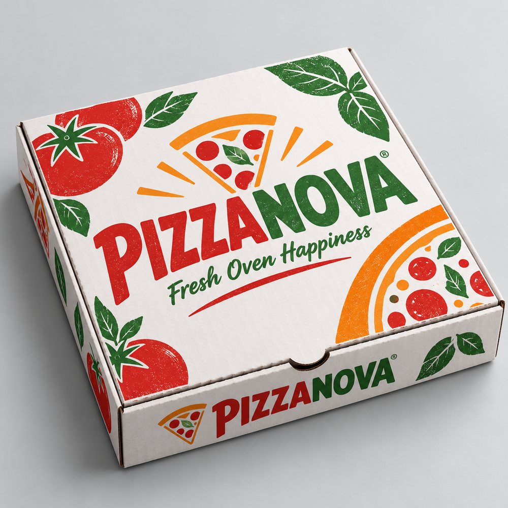 Beyaz zeminli, domates ve fesleğen desenli logolu baskılı pizza kutusu