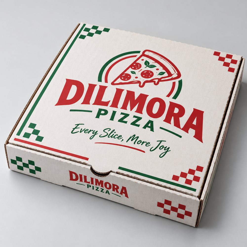Kırmızı ve yeşil logo baskılı beyaz pizza kutusu örneği